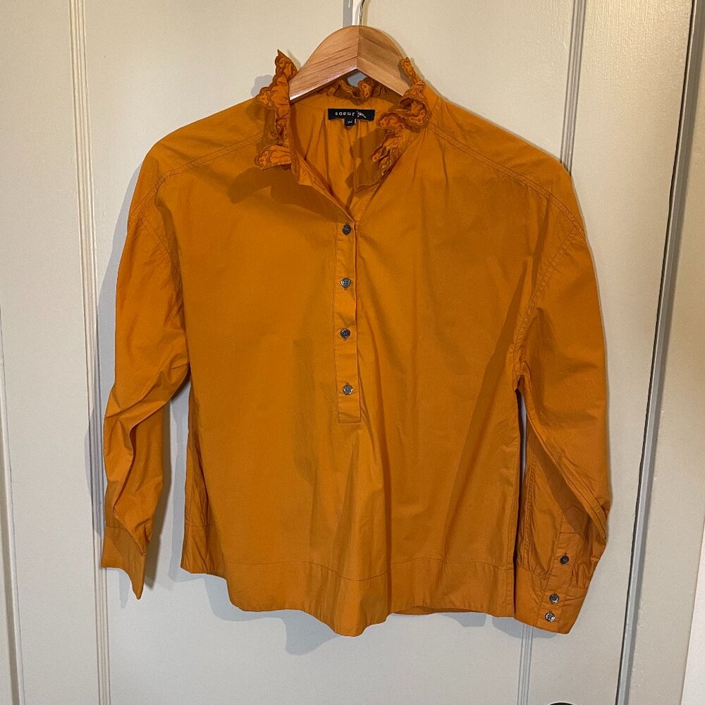 Soeur Golden Mustard Ruffle Collar Blouse sz 34 100% cotton LIKE NEW